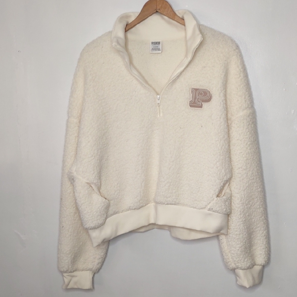 Pink By VS , Cozy Ivory Sherpa Quarter-Zip Pullover Jacket